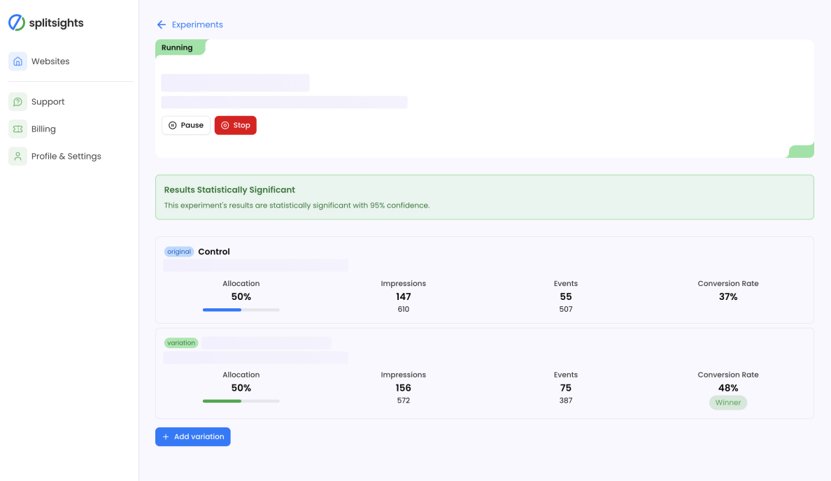 Screenshot of the SplitSights dashboard